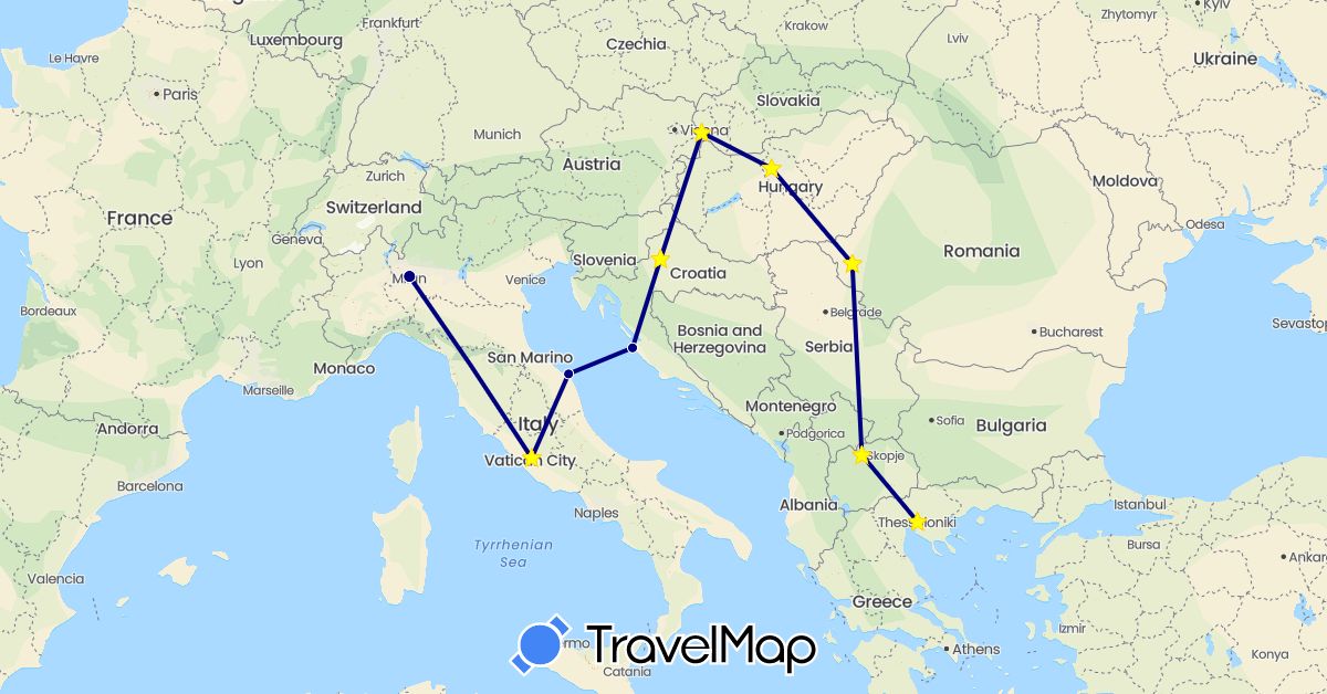 TravelMap itinerary: driving in Greece, Croatia, Hungary, Italy, Macedonia, Romania, Slovakia (Europe)